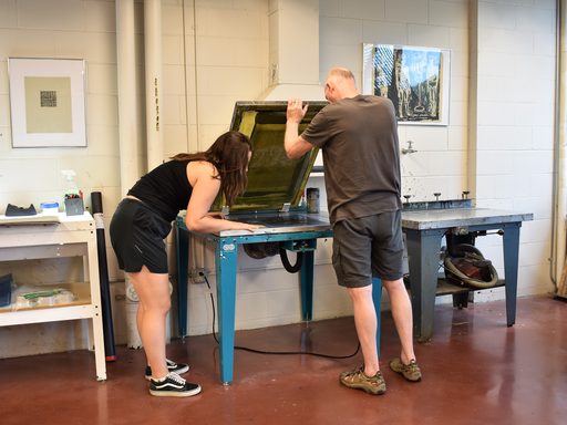 Grant recipient Fred Hagstrom and SRA Justine Szafran ('19) printmaking