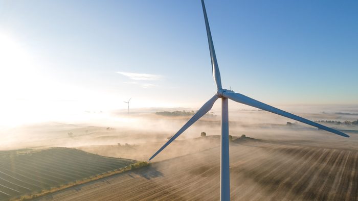 Carleton's wind turbine from a bird's eye view on a foggy day